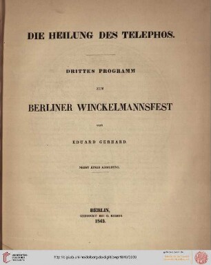 Band 3: Programm zum Winckelmannsfeste der Archäologischen Gesellschaft zu Berlin: Die Heilung des Telephos