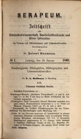 Serapeum : Zeitschrift für Bibliothekwissenschaft, Handschriftenkunde und ältere Literatur, 29. 1868