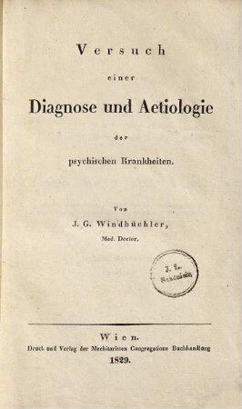 Versuch einer Diagnose und Aetiologie der psychischen Krankheiten
