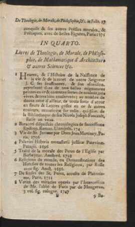 In Quarto. Livres de Theologie, de Morale, de Philosophie, de Mathematique d'Architecture & autres Sciences &c.