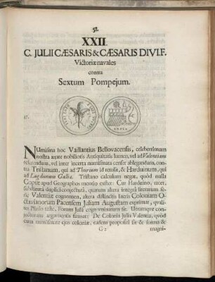 XXII. C. Julii Cæsaris & Cæsaris Divi. F. Victoriæ navales contra Sextum Pompejum.