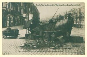 Große Straßenkämpfe in Berlin während des Generalstreiks. Spartakusbarrikade an der Petersburgerstraße und Frankfurter-Allee.