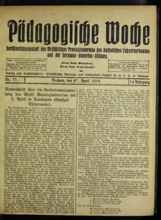 Niederschrift über die Vertreterversammlung des Westf. Provinzialvereins am 2. April in Dortmund (Gasthof Biedermeier)
