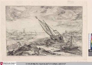 [Flusslandschaft mit Fischerbooten; River landscape with fishing boats]