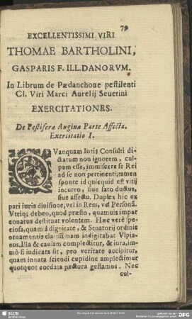 Excellentissimi Viri Thomae Bartholini, Gaspari F. Illdanorum. In Librum de Paedanchone pestilenti Cl. Viri Marci Aurelij Severini Exercitationes