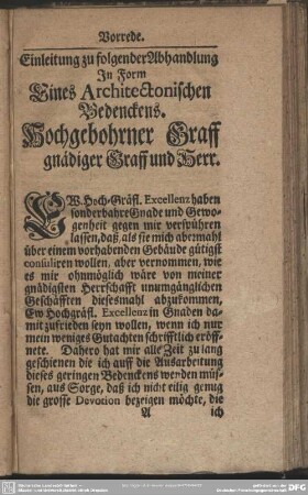Vorrede.Einleitung zu folgender Abhandlung In Form Eines Architectonischen Bedenckens