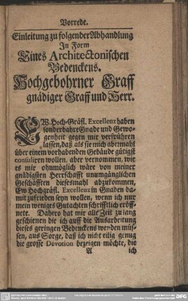 Vorrede.Einleitung zu folgender Abhandlung In Form Eines Architectonischen Bedenckens