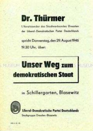 Einladung der LDPD Dresden-Blasewitz zu einer Versammlung mit dem 1. Vorsitzenden des Stadtverbandes in Vorbereitung der Gemeindewahlen 1946