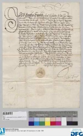 Horatio Hypoliti Graf zu Gazoldo, fürstlich bayerischer Kämmerer, stellt als Gemahl der Elisabetha zu Lautterbach, Honnegkh und Meilhouen der Stadt Nürnberg Quittung aus über 550 fl. Stadtsteuer.
