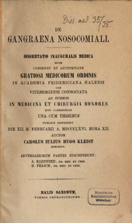 De gangraena nosocomiali : Diss. inaug. med.
