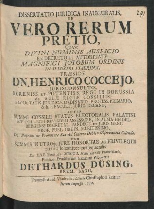 Dissertatio Iuridica Inauguralis, De Vero Rerum Pretio