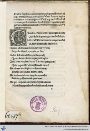 Publii Fausti Andrelini Epistola, in qua Anna glorisissima Francorum Regina exhortatur maritum, potentissimum atque invictissimum Francorum Regem Ludovicum Duodecimum ...