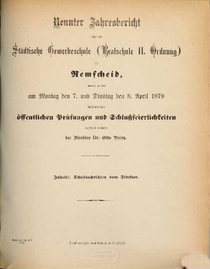 Jahresbericht über die Städtische Gewerbeschule (Realschule II. Ordnung) zu Remscheid, 1878/79 = Jahresber. 9