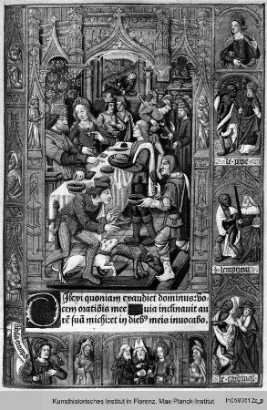 Horae Beatae Mariae Virginis ad usum Ecclesiae Romanae : Totenoffizium mit einem Gastmahl im Bildfeld