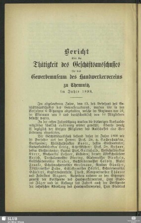 Bericht über die Thätigkeit des Geschäftsausschusses für das Gewerbemuseum zu Chemnitz im Jahre 1899