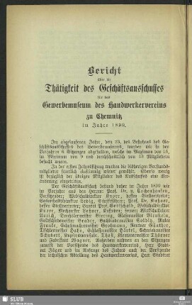 Bericht über die Thätigkeit des Geschäftsausschusses für das Gewerbemuseum zu Chemnitz im Jahre 1899