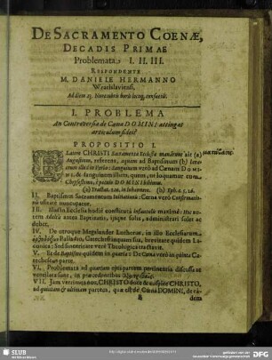 De Sacramento Coenae, Decadis Primae Problemata I. II. III. Respondente M. Daniele Hermanno Wratislaviensi