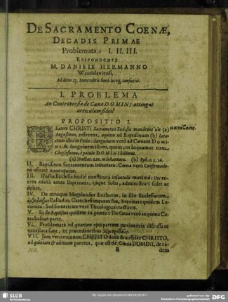 De Sacramento Coenae, Decadis Primae Problemata I. II. III. Respondente M. Daniele Hermanno Wratislaviensi