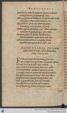 Phocylidis Sententiæ.