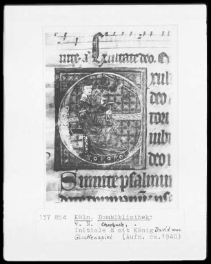 Chorbuch, Initiale E mit König David am Glockenspiel