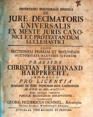 Diss. inaug. iur. de iure decimatatoris universalis ex mente iuris canonici et protestantium ecclesiastici