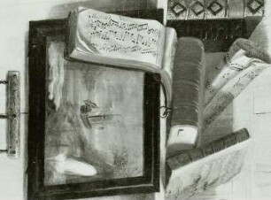 Stilleben mit Noten und Papagei : Teplow, Grigori Nikolajewitsch: Stilleben mit Noten und Papagei. Detail: Notenalbum und Gemälde. 1737. Öl auf Leinwand; 88 x 70 cm. Moskau: Staatliches Keramik-Museum, Kuskowo-Palast. Dresden, Ausstellung "Das Stilleben und sein Gegenstand", 1983-1984. Kat. Nr. 170