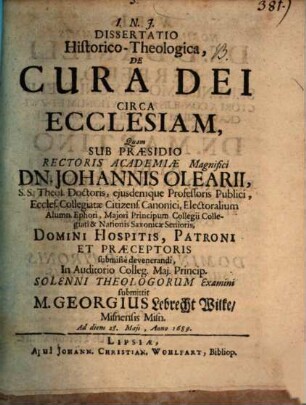 Diss. hist. theol. de cura Dei circa ecclesiam