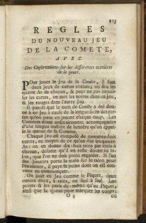 Regles du Nouveau Jeu de la Comete, avec Des Observations sur les différentes maniéres de le jouer.