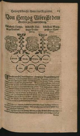 Wappen. Elisabeth Hertzogin zu Braband. und Albrecht Hertzog zu Braunschweig. und Adelheit Marggrafin zu Montferrar.