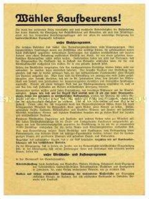 Propagandaflugblatt der KPD Kaufbeuren zu den Gemeindewahlen 1946 mit Wahlprogramm und Wahlaufruf