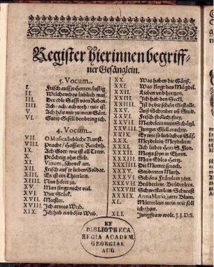 Register hierinnen begriffner Gesänglein