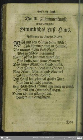 Die III. Zusammenkunfft, unter dem Titul Himmlisches Lust-Haus : III. Zusammenkunfft, unter dem Titul Himmlisches Lust-Haus
