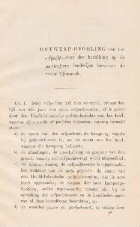 Ontwerp-regeling van het erfpachts-regt der bevolking op de particuliere landerijen bewesten de rivier Tjimanok