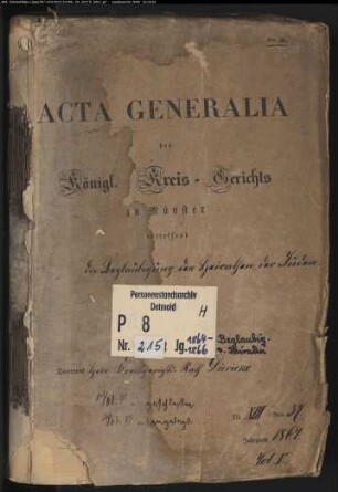 Protokollakten des Kreisgerichts Münster mit den Orten Amelsbüren, Appelhülsen, Bösensell, Havixbeck, Münster, Nottuln, Telgte, Wolbeck und den Bauerschaften Delstrup und Geist, Kirchspiel Lamberti, zu Münster gehörig (Juden H 1864-1866)