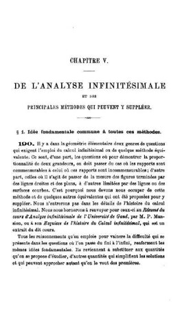 Chapitre V. Analyse Infinitésimale et principales méthodes qui peuvent y suppléer.