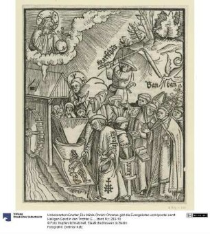 Die Mühle Christi: Christus gibt die Evangelisten und Apostel samt Heiligen Geist in den Trichter, Erasmus und Luther verteilen die Ergebnisse (Bibeln) an die anwesenden Kleriker (im Hintergrund der "Karsthans")