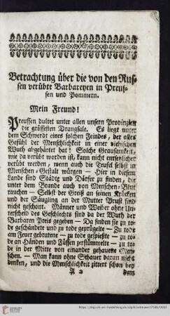 Betrachtung über die von den Russen verübten Barbareyen in Preußen und Pommern