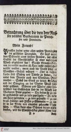 Betrachtung über die von den Russen verübten Barbareyen in Preußen und Pommern