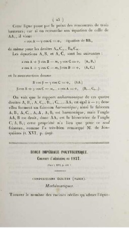 École Impériale Polytechnique. Concours d'admission en 1857.