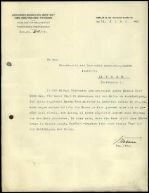 Schreiben; Büro der ZD an DAI Athen (Schecksendung)