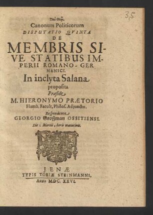 Canonum Politicorum Disputatio Quinta De Membris Sive Statibus Imperii Romano-Germanici