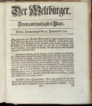 Zwey und funfzigstes Blatt. Berlin, Donnerstags den 25. Januarius 1741.