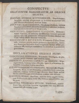 Conspectus Orationum Habendarum Ab Ordine Selecto