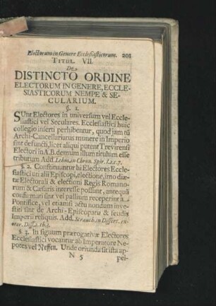 Titul. VII. De Distincto Ordine Electorum In Genere, ecclesaisticorum Nempe & Secularium.