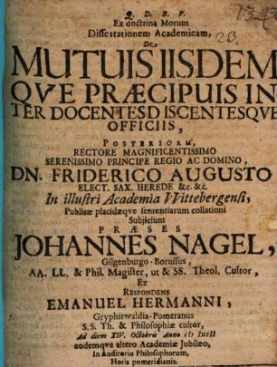 Diss. ... de mutuis iisdemque praecipuis inter docentes discentesque officiis