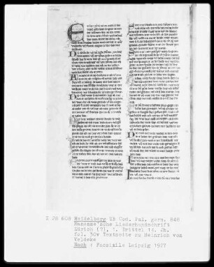 Manessische Liederhandschrift, Faksimile — Textseite zu Heinrich von Veldeke als Dichter, Folio 30