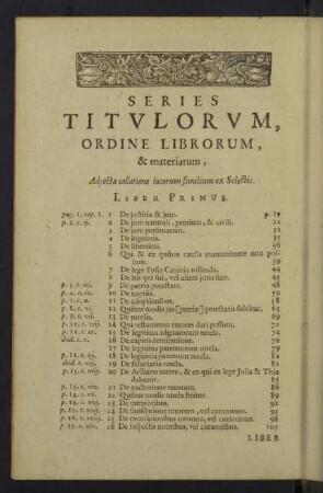 Series Titulorum, ordine librorum, & materiarum