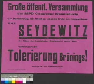 Plakat zu einer öffentlichen Parteiversammlung der SAPD am 29. Oktober 1931 in Braunschweig
