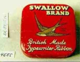 Blechdose für Schreibmaschinenfarbband "SWALLOW BRAND British Made Typewriter Ribbon" (Abbildung einer fliegenden Schwalbe)