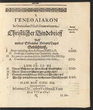 I. ... In Ominosam Filioli Generationem. Christlicher Bindebrieff ...